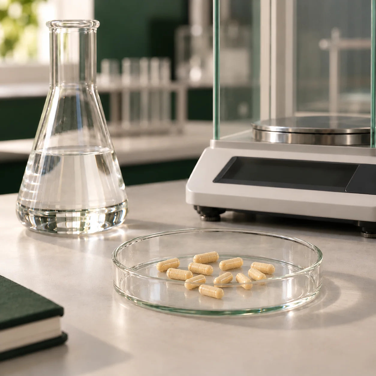 Illustrative laboratory scene with glassware and capsules.