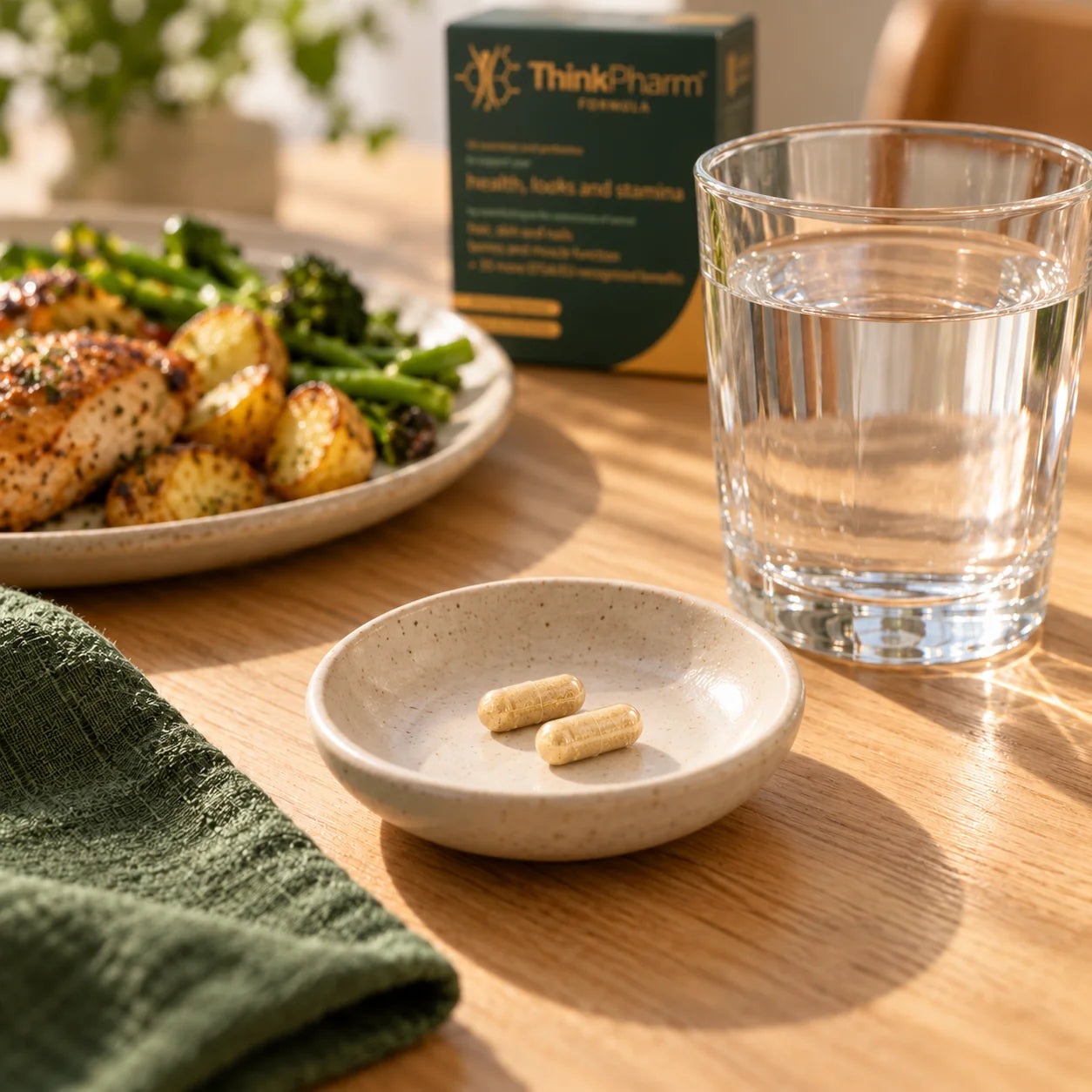 Two small capsules beside water and a main meal, with the ThinkPharm pack in the background.